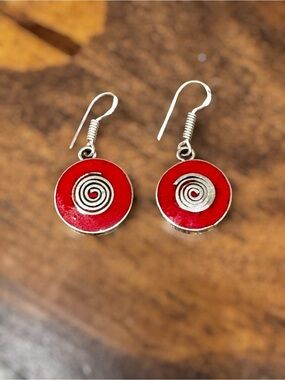 Red Coral and Silver Spiral Drop Earrings